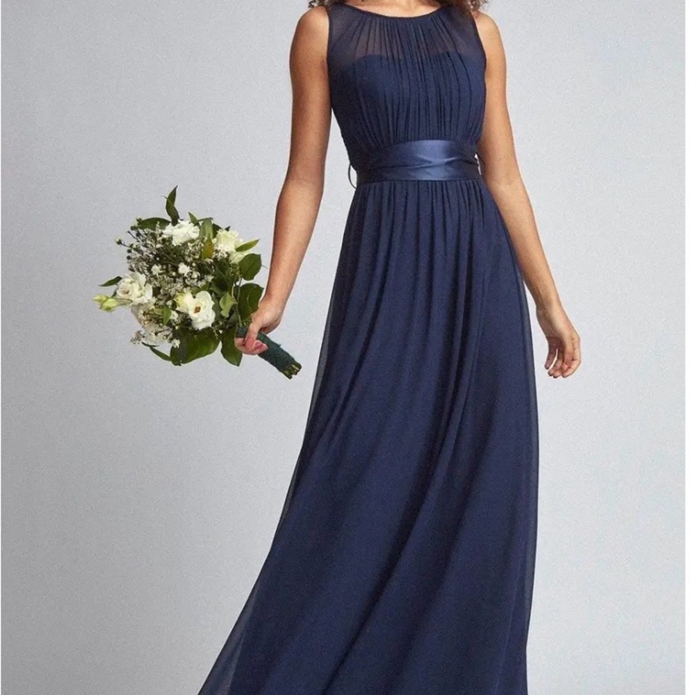 Navy Sleeveless Chiffon Maxi Dress with Satin Waistband